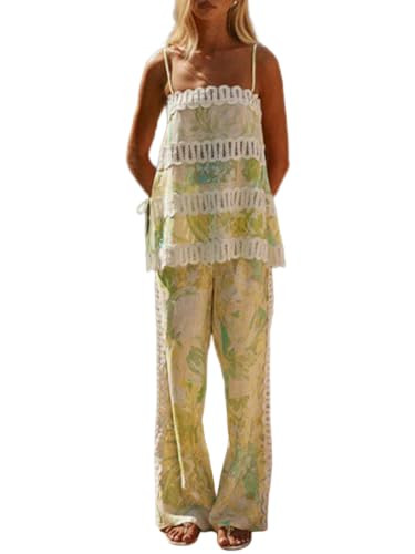Amazon.com: THLAI Womens 2 Piece Outfits Printed Linen Sexy Sleeveless Camisole Pants Set Outfits... | Amazon (US)