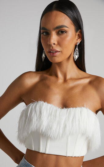Rhaiza Top - Faux Feather Trim Strapless Sweetheart Crop Top in White | Showpo (US, UK & Europe)
