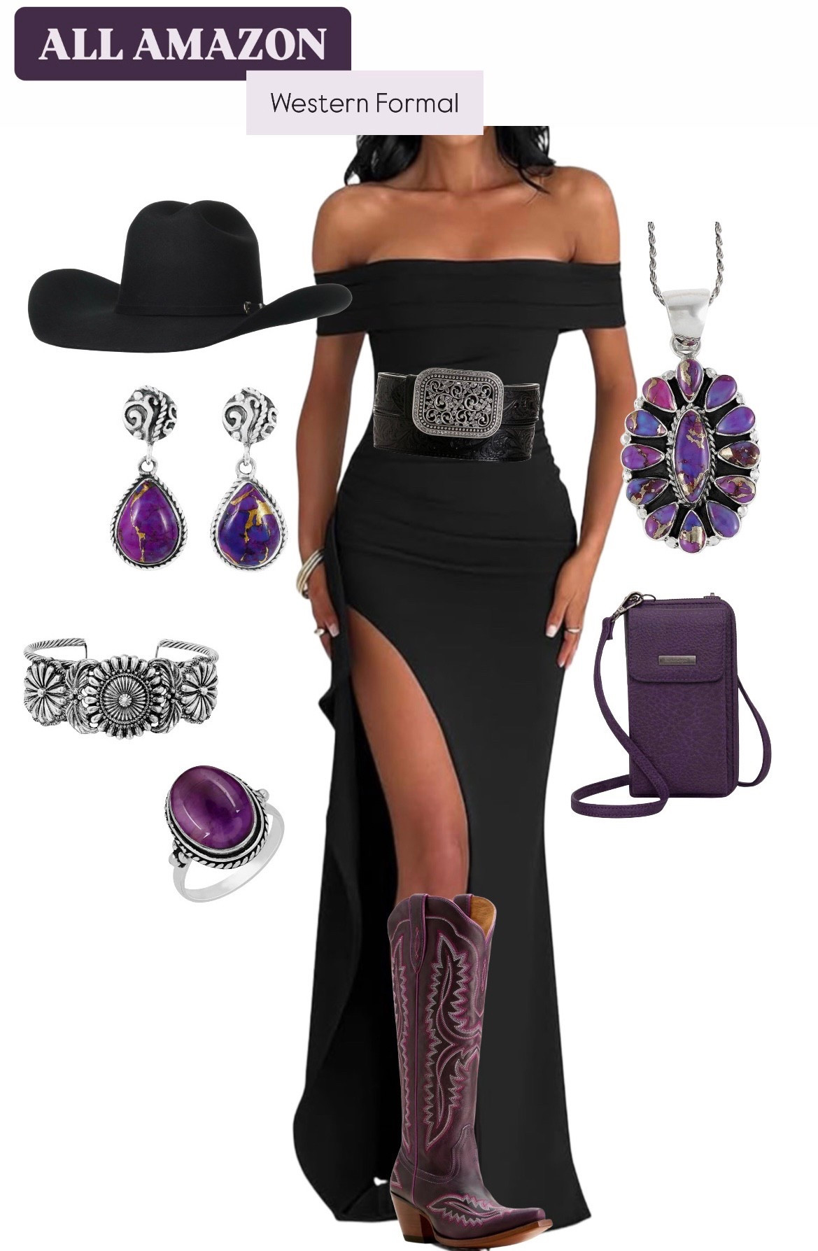 All Amazon western formal wear! Black dress paired with purple boots and accessories 

#LTKStyleTip #LTKShoeCrush #LTKSeasonal