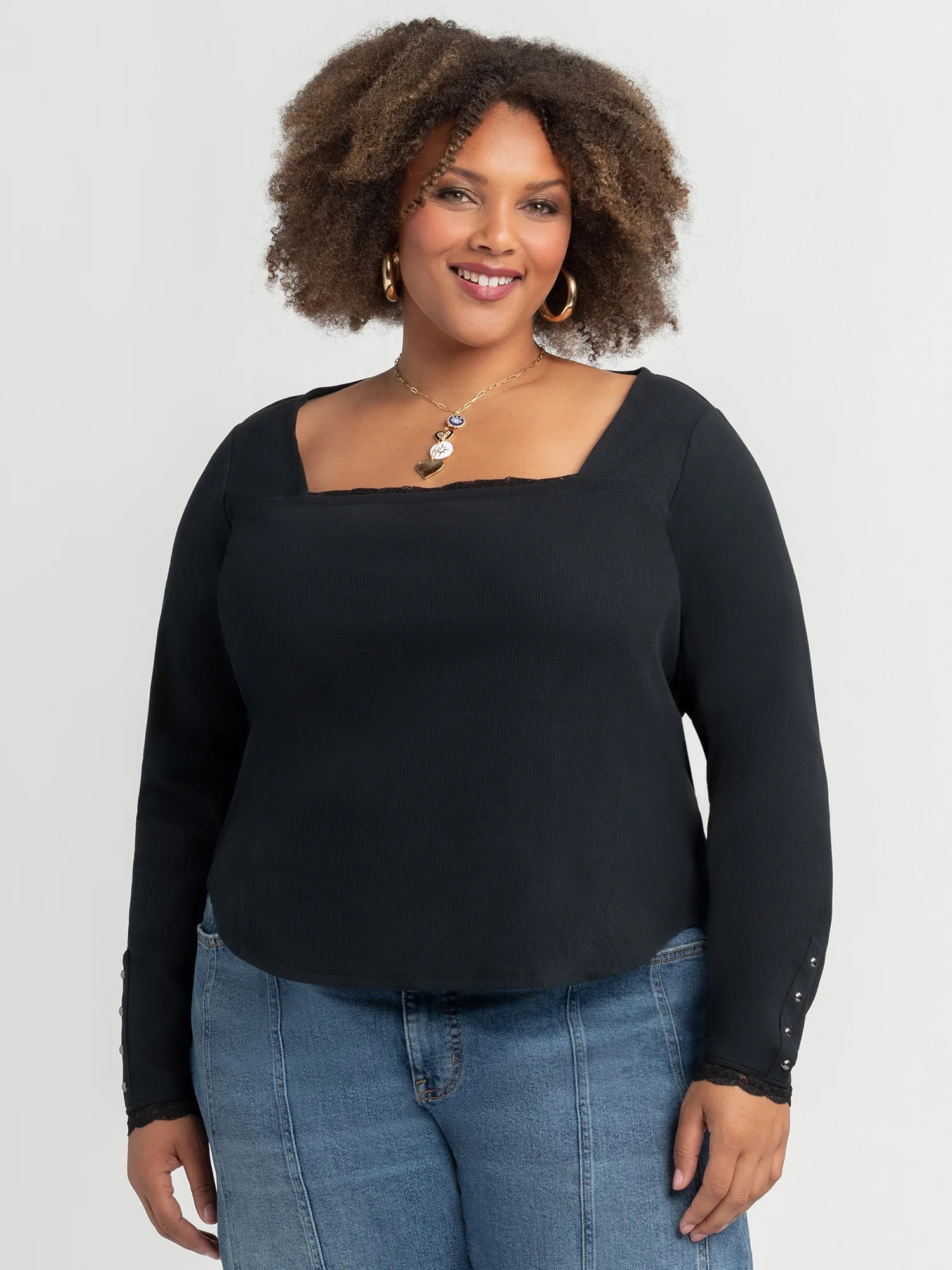 Jessica Simpson Women's and Women's Plus Aleera Ribbed Knit Top with Lace Trim, Sizes XS-4X | Walmart (US)