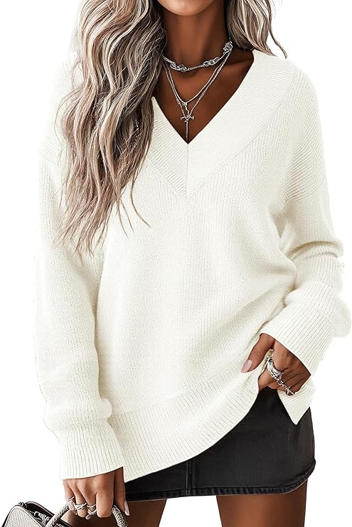 Jouica Women's Sweaters V Neck Pullover Sweater Side Slit Long Sleeve Knit Spring Tops Trendy Out... | Amazon (US)