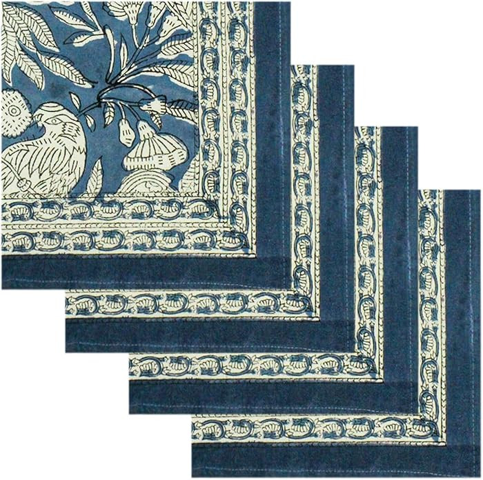 14x14 Inches Cotton Napkins Set of 4, Faded Blue, Washable Hand Block Printed Reusable Cloth Napk... | Amazon (US)