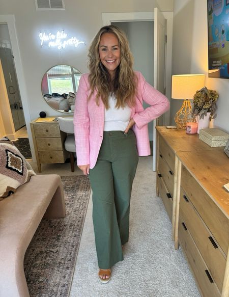 Styling the perfect Spring pant from J Crew Factory for the office! I’m wearing a 29 in these pants, I paired them with a white top, blazer and espadrille mule wedges. 

Wearing a Large blazer, wedges are TTS, pants are so stretchy and comfortable I could do yoga in them!!! 

#LTKfindsunder100 #LTKworkwear #LTKstyletip