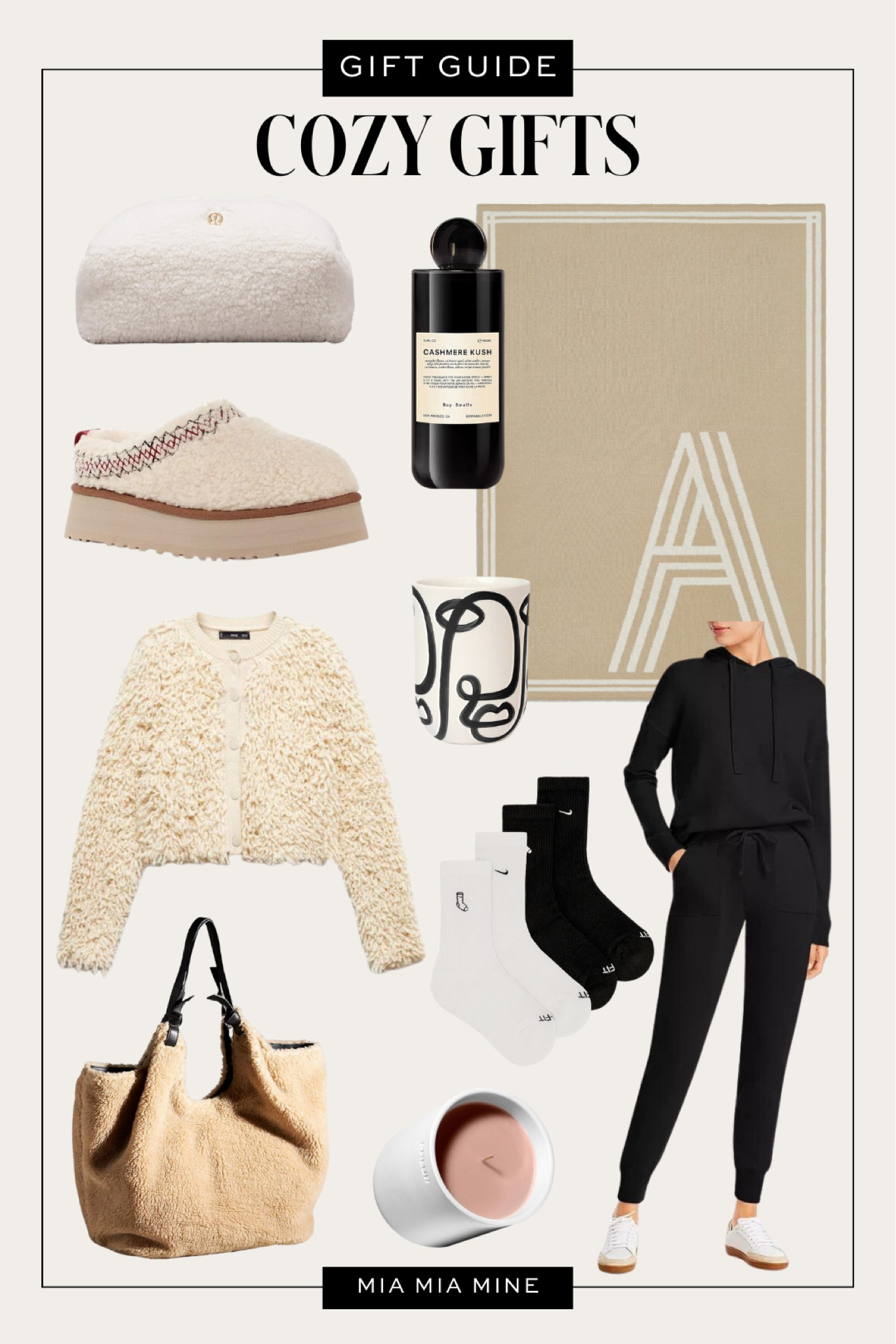 Cozy holiday gifts for her Gift guide for her / #miamiamine gift guide Ugg Sherpa slippers
Mango cardigan
Bloomingdale’s cashmere set Anthropologie shearling handbag Nike socks
Baublebar throw blanket
Coffee mug
Lululemon teddy pouch

#LTKfindsunder100 #LTKSeasonal #LTKGiftGuide