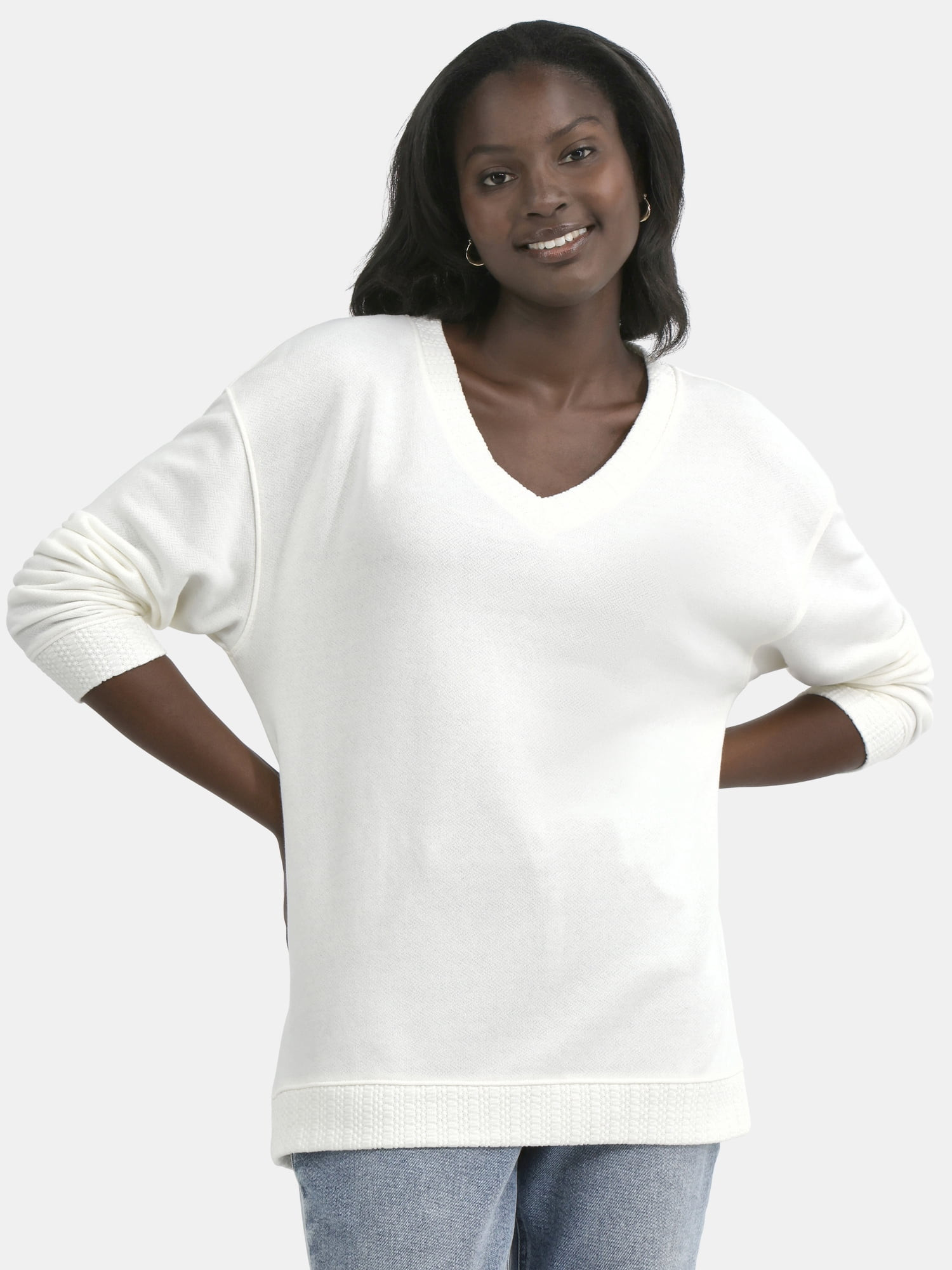 Time and Tru Women's V-Neck Sweatshirt with Long Sleeves, XS-XXXL | Walmart (US)