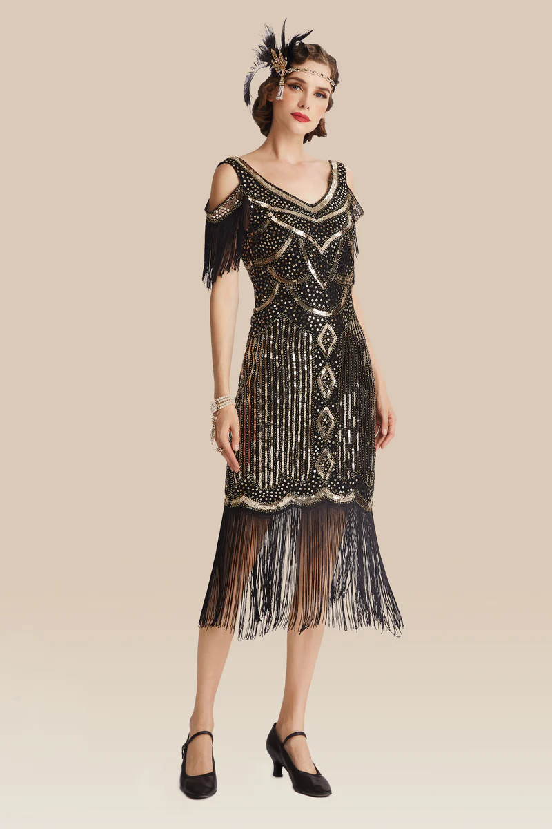 Shop 1920s Dresses - Beaded Off Shoulder Flapper Dress | BABEYOND | BABEYOND