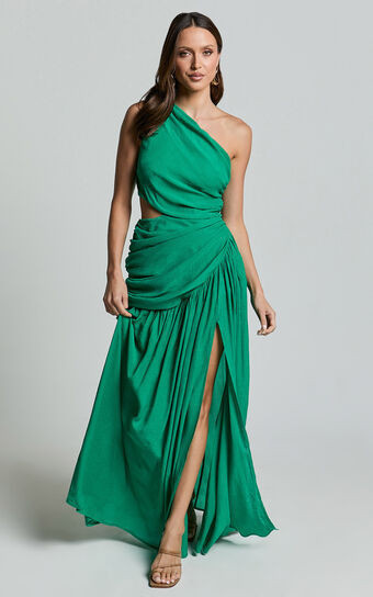 Darcy Maxi Dress - One Shoulder Side Cut Out Gathered Dress in Green | Showpo (US, UK & Europe)