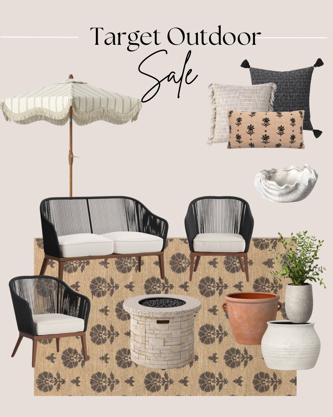 Target 30% off outdoor and patio sale!
Outdoor pillows, scallop umbrella, block print rug, terracotta planters, stone firepit, target circle week

#LTKHome #LTKSaleAlert #LTKSeasonal