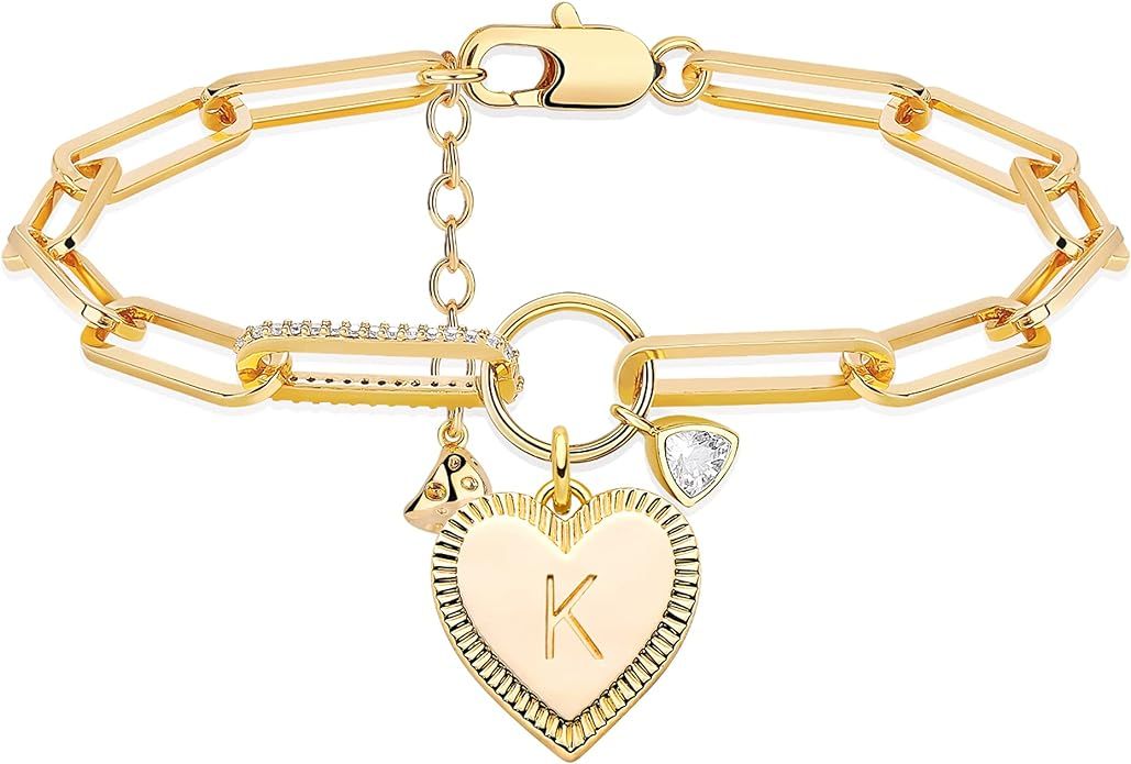 MEVECCO Gold Paperclip Bracelet, 18K Gold Plated Heart Initial Oval Link Bracelet Dainty Handmade... | Amazon (US)