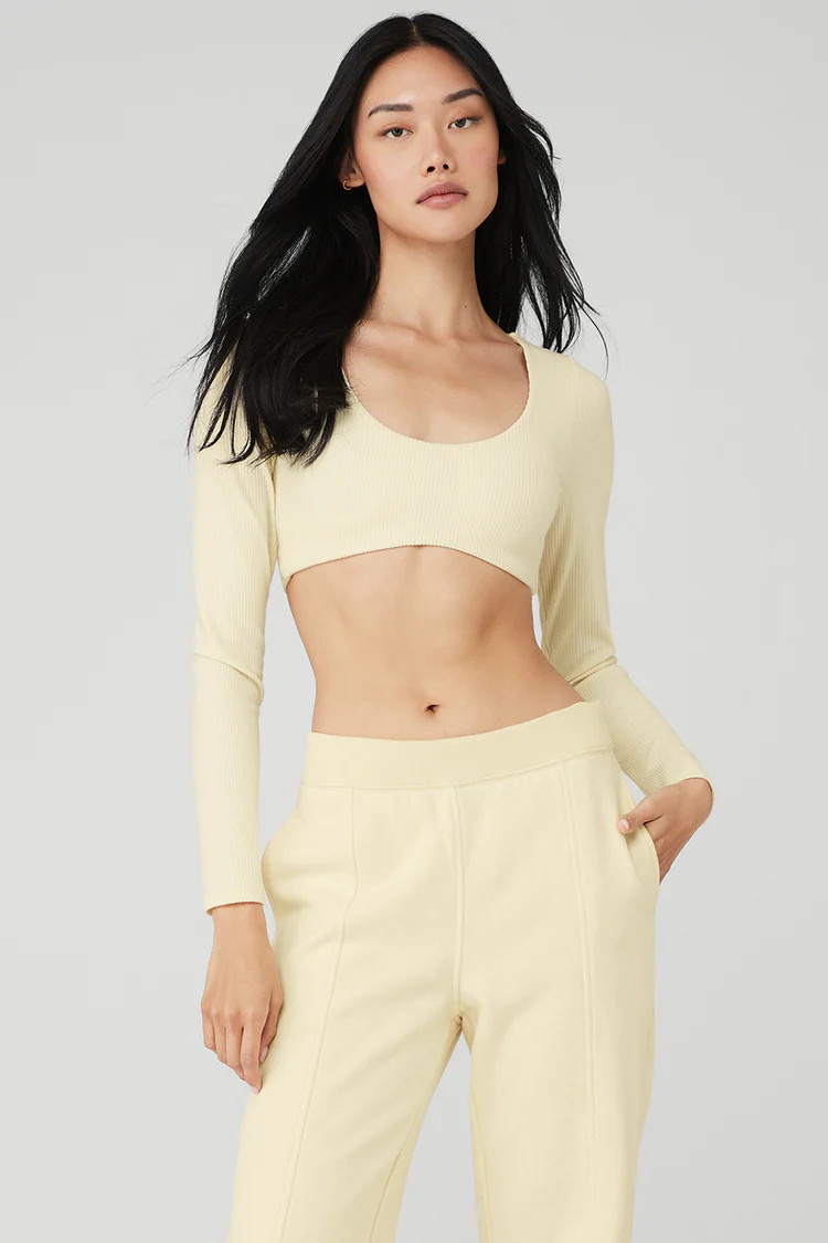 Ribbed Defined Long Sleeve Bra - French Vanilla | Alo Yoga (US)