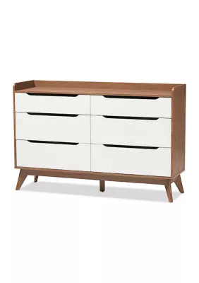 Baxton Studio Brighton Mid-Century Modern White and Walnut Wood 6-Drawer Storage Dresser, Brown | Belk
