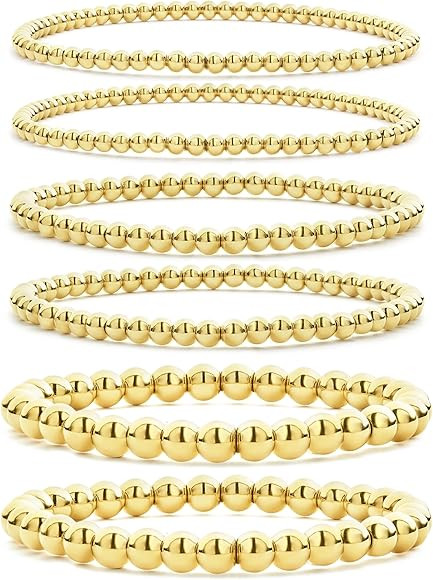 CONRAN KREMIX Gold Beaded Bracelet For Women Set 14K Gold Bead Stretch Bracelet Stack Trendy Gold... | Amazon (US)