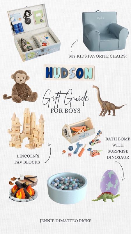 Gift guide for boys, name puzzle, wooden, chair, explorer kit, jelly cat, monkey, tools, block, dinosaur, fire pit, ball pit 

#LTKGiftGuide #LTKHoliday #LTKSeasonal