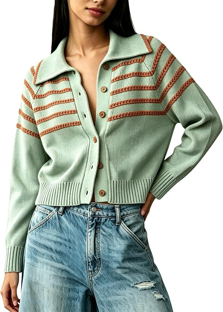 HangNiFang Women's Striped Cardigan Sweaters Button Down Cropped Knit Tops | Amazon (US)