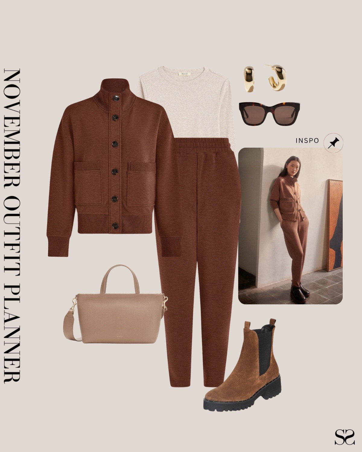 Monthly outfit planner NOVEMBER: Fall outfits | Varley skim pant, matching set, lug boot

#falloutfit #classicstyle #casualstyle 

Image inspo credit: Pinterest

#LTKStyleTip #LTKSeasonal