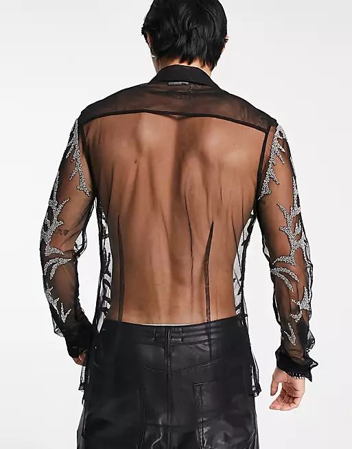 ASOS DESIGN Premium hand embellished skinny mesh shirt with Y2K design in black | ASOS (Global)