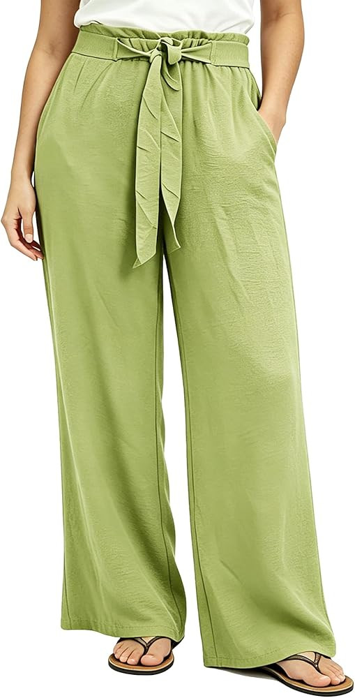 Women Wide Leg Casual Pants High Waist Flowy Palazzo Trousers Adjustable Knot Stylish Lounge Busi... | Amazon (US)