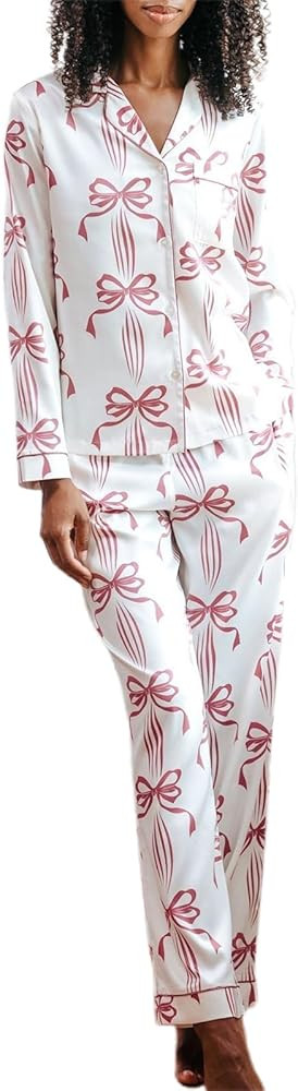 Tsultryofs Women Y2k Bow Pajama Set Two Piece Button Down Pj Outfits Cute Long Sleeve Shirt and P... | Amazon (US)