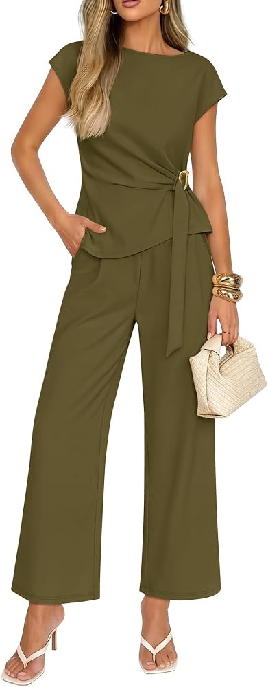 Short Sleeve Knit Belted Tops and Wide Leg Pants, Daily Vacation Matching Set, Business Pantsuits... | Amazon (US)