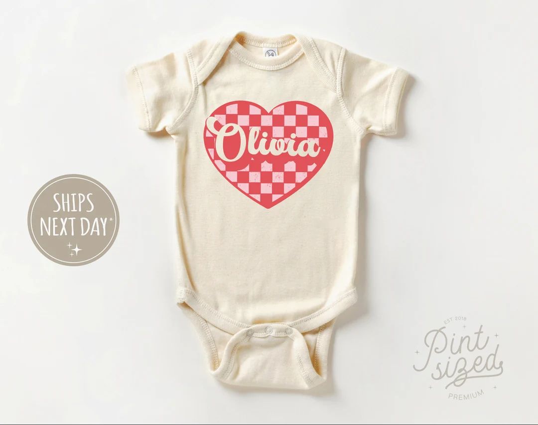Custom Love Heart Baby Onesie® Cute Retro Valentines Day Bodysuit Personalized Natural Valentine... | Etsy (US)