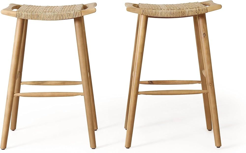 Christopher Knight Home Magwen Outdoor Acacia Wood Barstool with Wicker (Set of 2), Light Brown +... | Amazon (US)