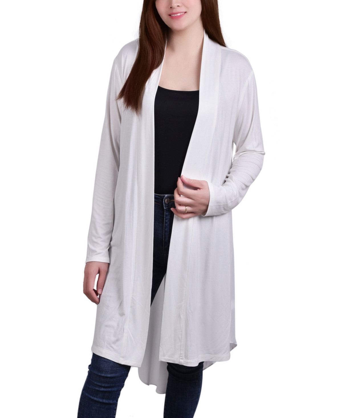 Ny Collection Women's Long Sleeve Knit Cardigan with Chiffon Back - White | Macy's