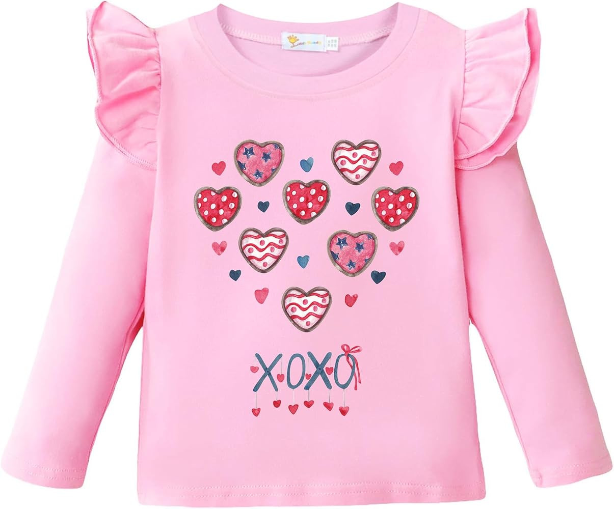 Toddler Girls Valentine Shirt Kids Tee Shirt Love Heart Shirt for Girl XOXO Holiday Ruffle Long S... | Amazon (US)