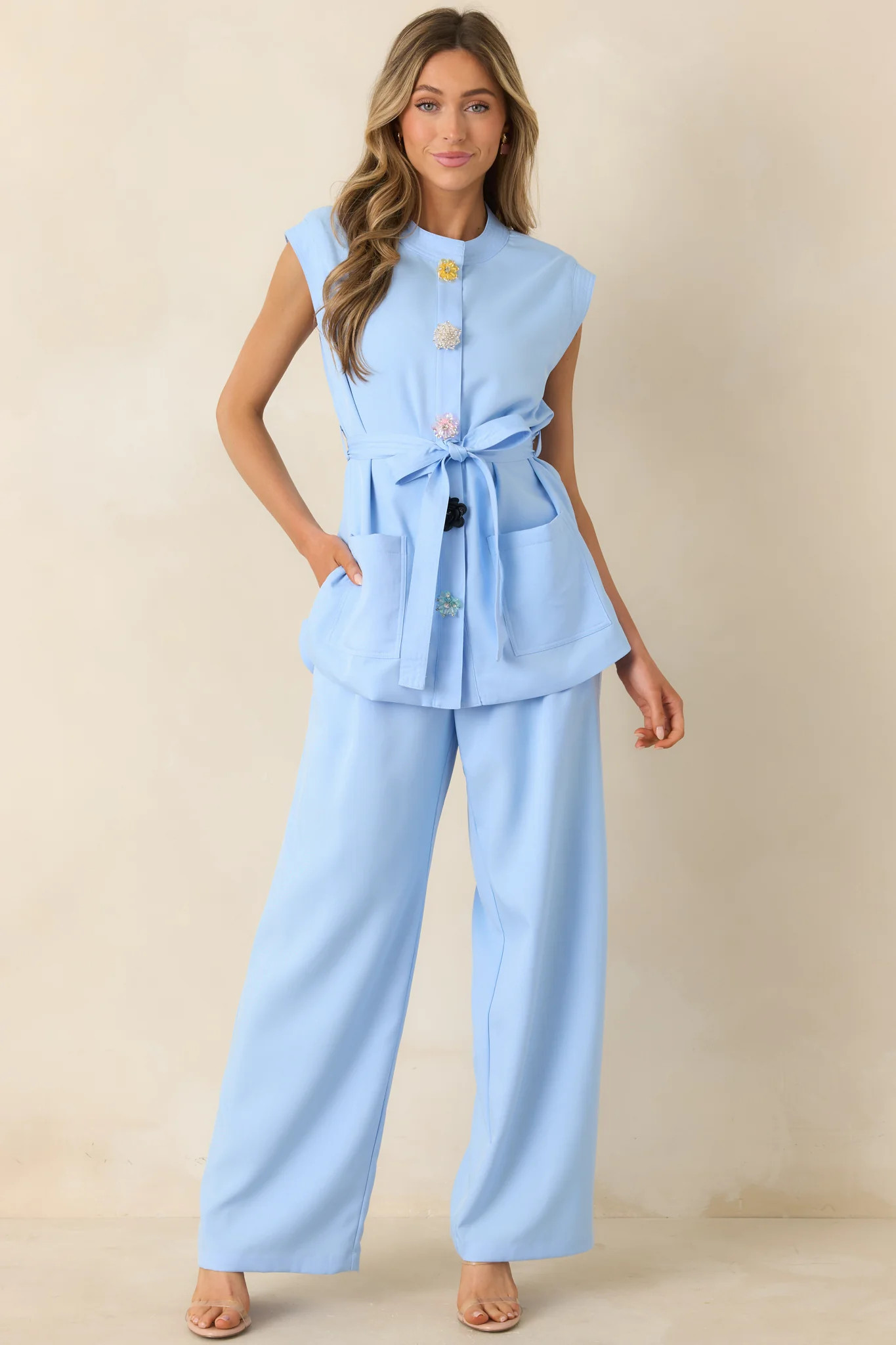 Details Make It Light Blue Statement Button-Front Belted Tunic Top | Red Dress