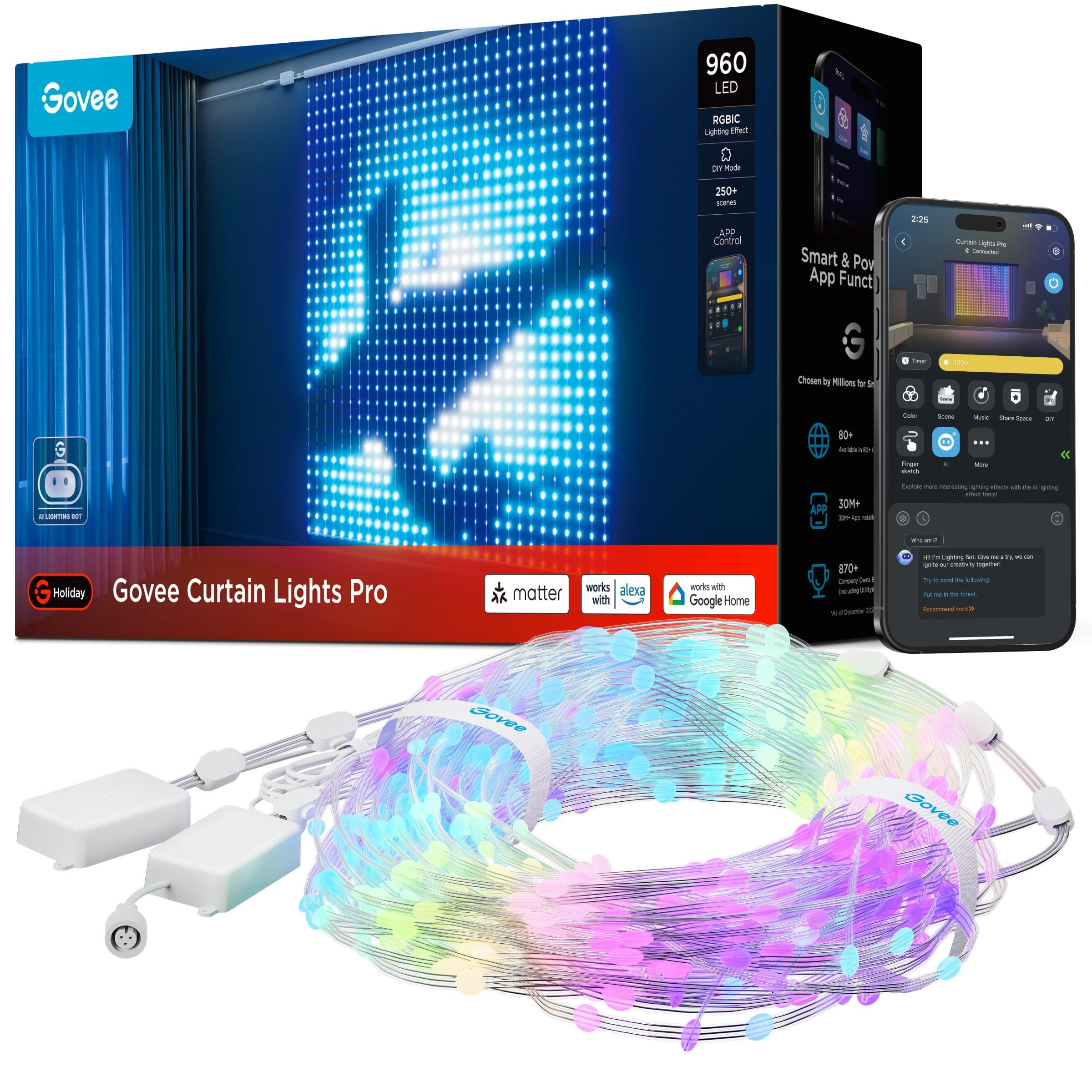 Govee Curtain Lights Pro, Upgraded 960 LEDs Smart Color Changing LED Curtain Lights with AIGC, Dy... | Amazon (US)