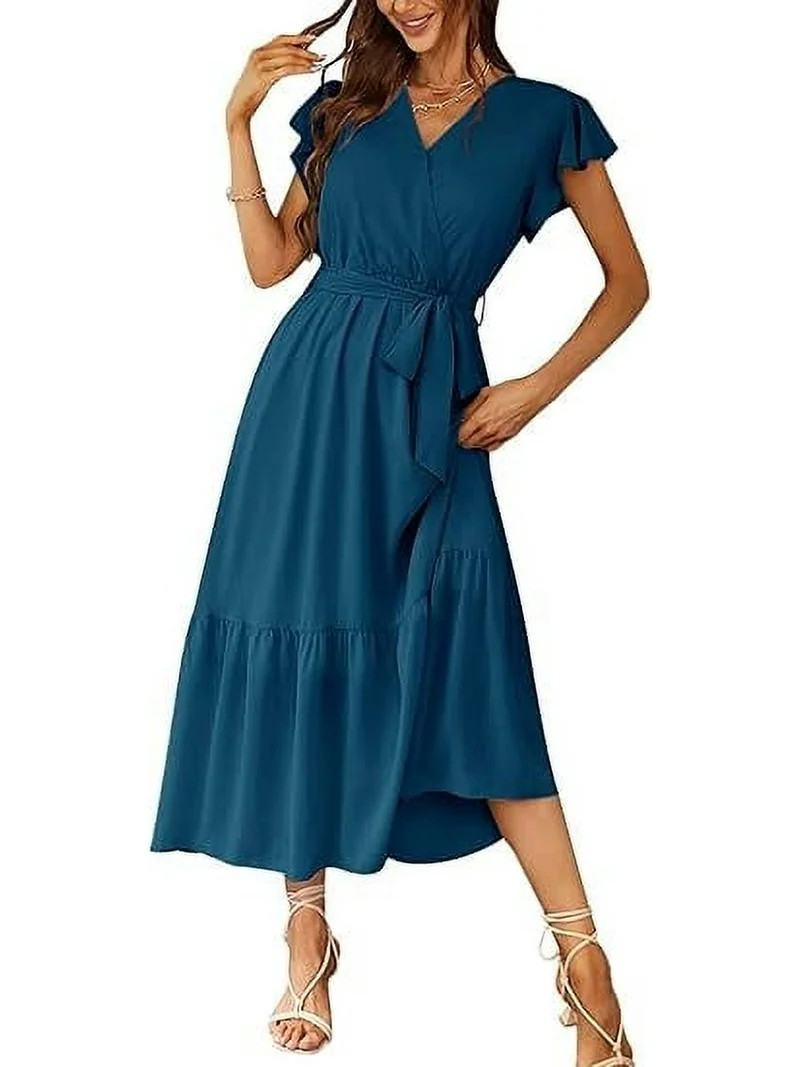 PRETTYGARDEN Women's Floral Boho Dress Wear To Work Wrap V Neck Short Sleeve Belted Ruffle Hem A-... | Walmart (US)