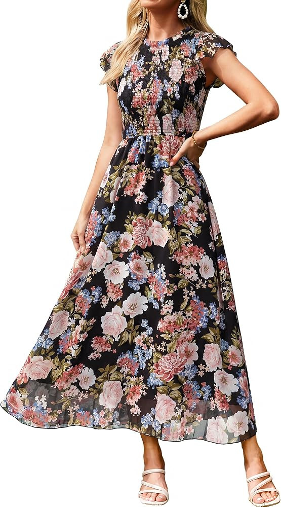BerryGo Womens Boho Floral Maxi Dress Ruffle Sleeve Chiffon Flowy Wedding Guest Dress Smocked Wai... | Amazon (US)