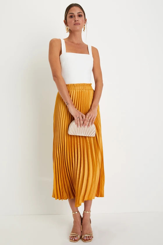 Breezy Spirit Marigold Satin Pleated High-Rise Midi Skirt | Lulus (US)