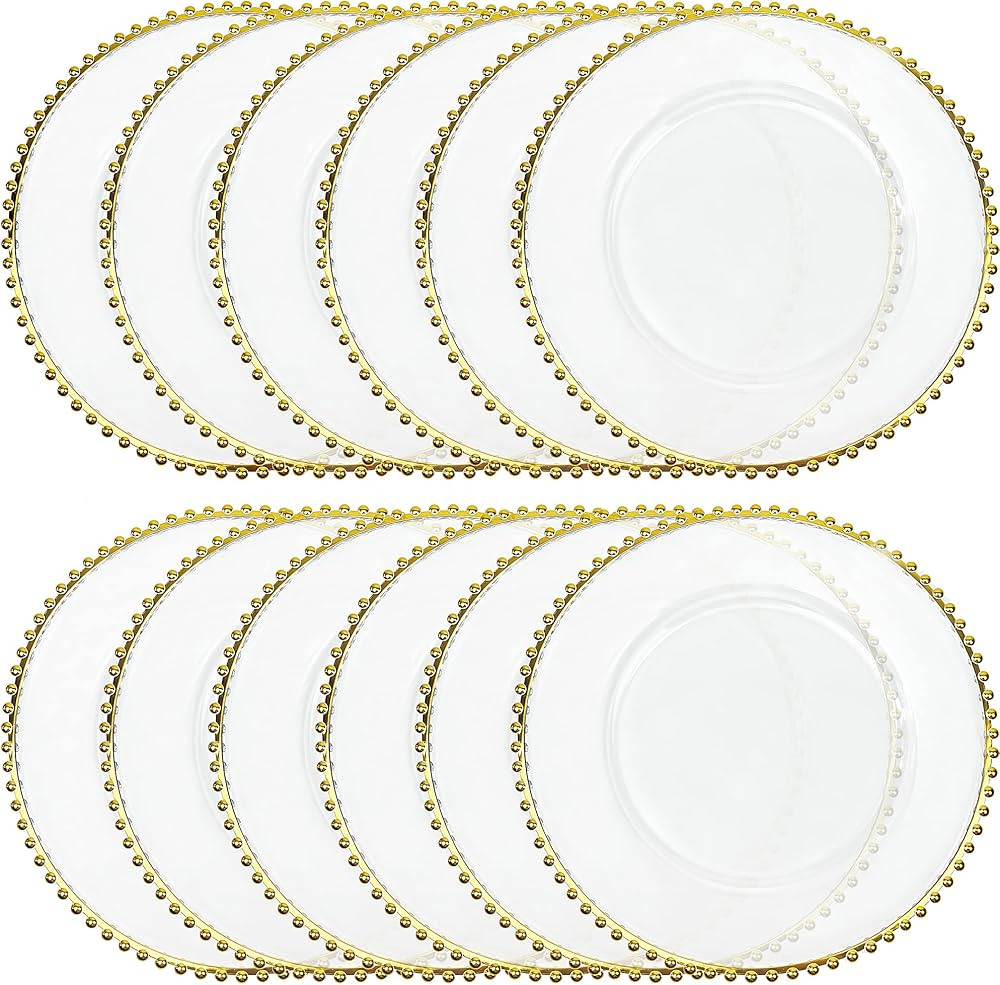 Maiangel Acrylic Gold Beaded Clear Charger Plates 13" In Bulk Wedding Set of 12, Round Plastic Ch... | Amazon (US)