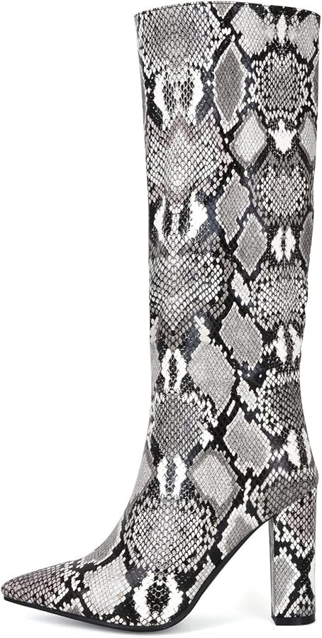 Women's Snakeskin Knee High Boots Pointed Toe Block Heel Boots Pull On Slouch Mid Calf Boots for ... | Amazon (US)