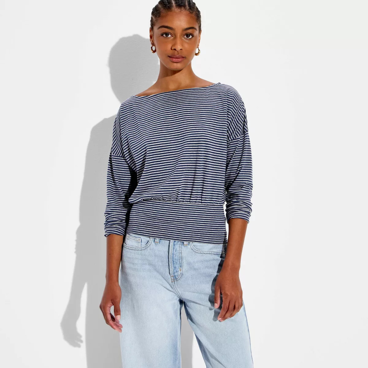 Women's Banded Long Sleeve Off the Shoulder Top - Wild Fable\u2122 Heather Gray Striped M | Target