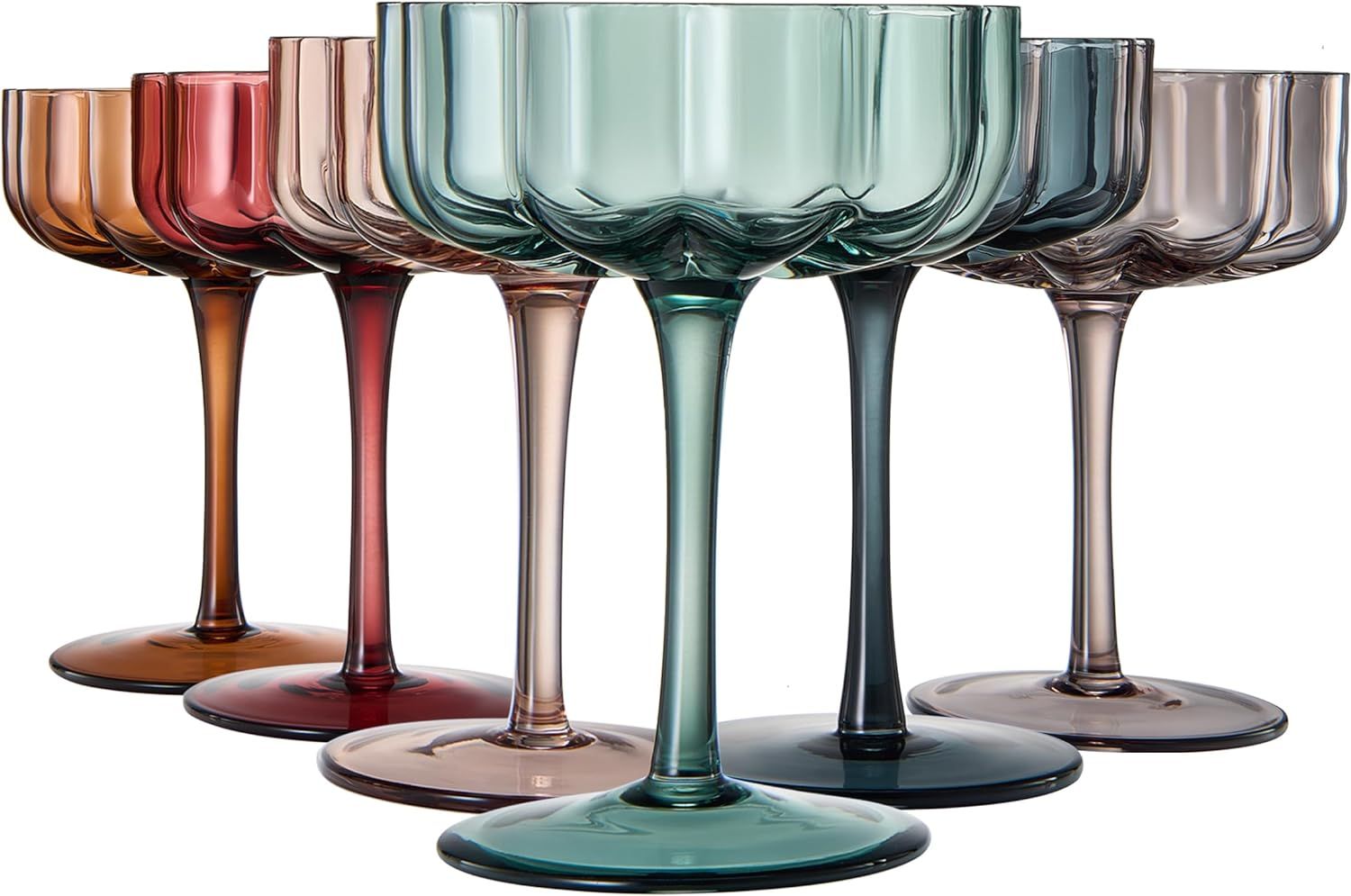 Flower Vintage Wavy Petals Wave Glass Coupes - Set of 6 - Muted Colors 7oz Colorful Cocktail Coup... | Amazon (US)