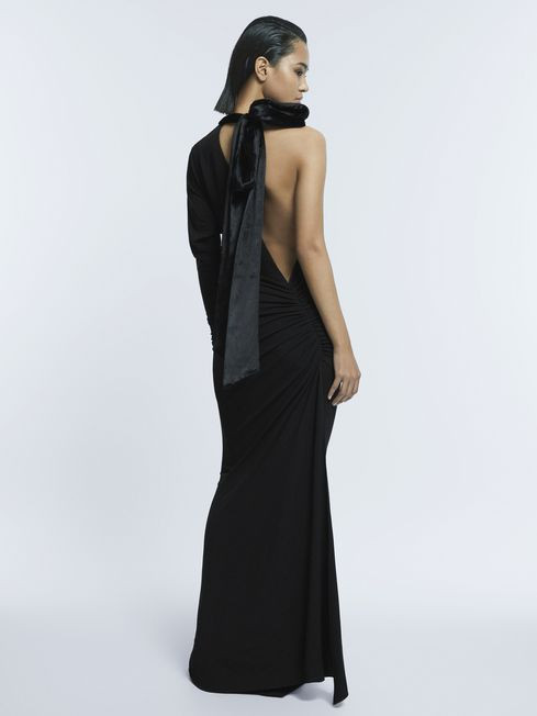 Helena Black Fitted One-Shoulder Velvet Bow Maxi Dress | Reiss UK