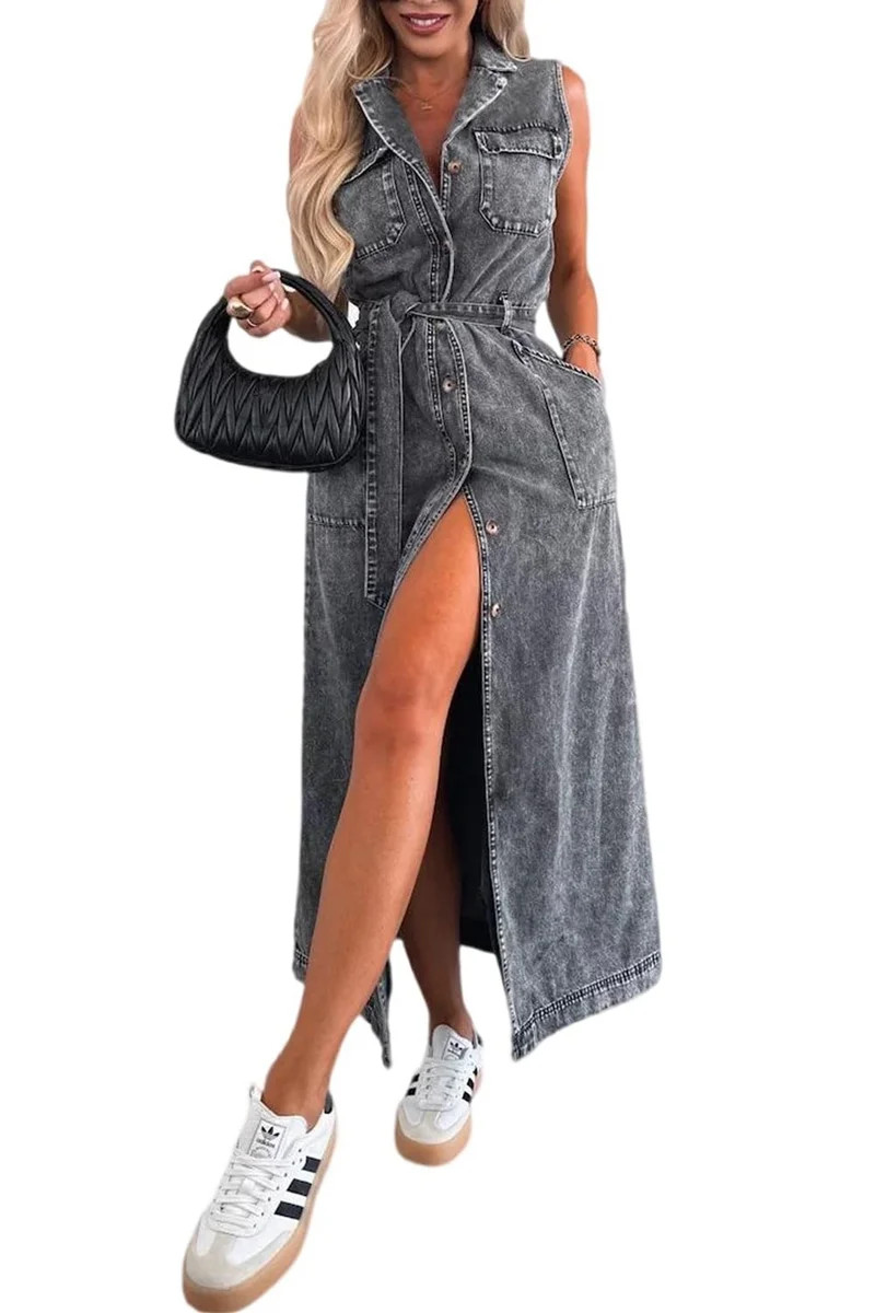 Womens Summer Casual Sleeveless Denim Shirt Dress Lapel Button Down Belted Jean Long Dresses Blac... | Walmart (US)