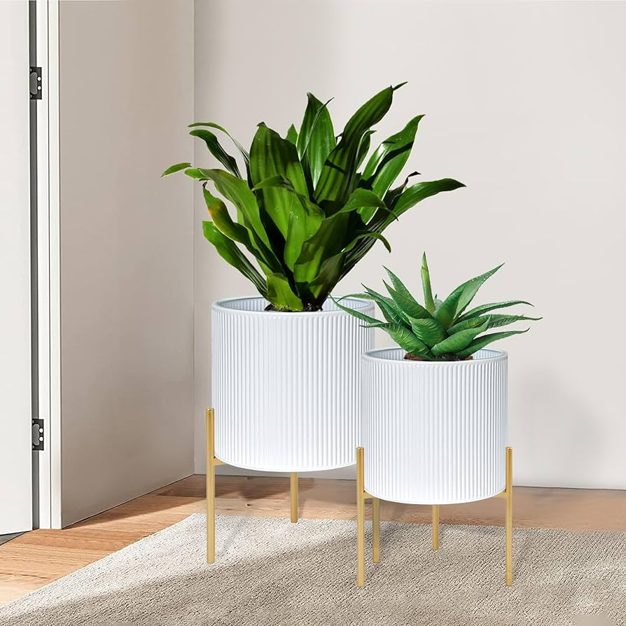 ARNIS Modern Plant Pots, Set of 2 Round Large Planters with Stand, Large Size Metal Pots with Dra... | Amazon (US)
