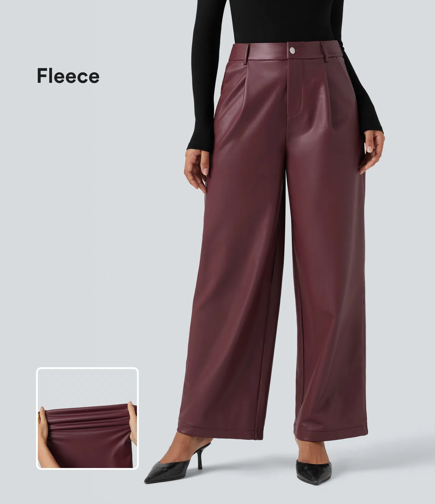 Women’s High Waisted Wide Leg Fleece Casual PU Leather Pants with Pockets - Halara | HALARA