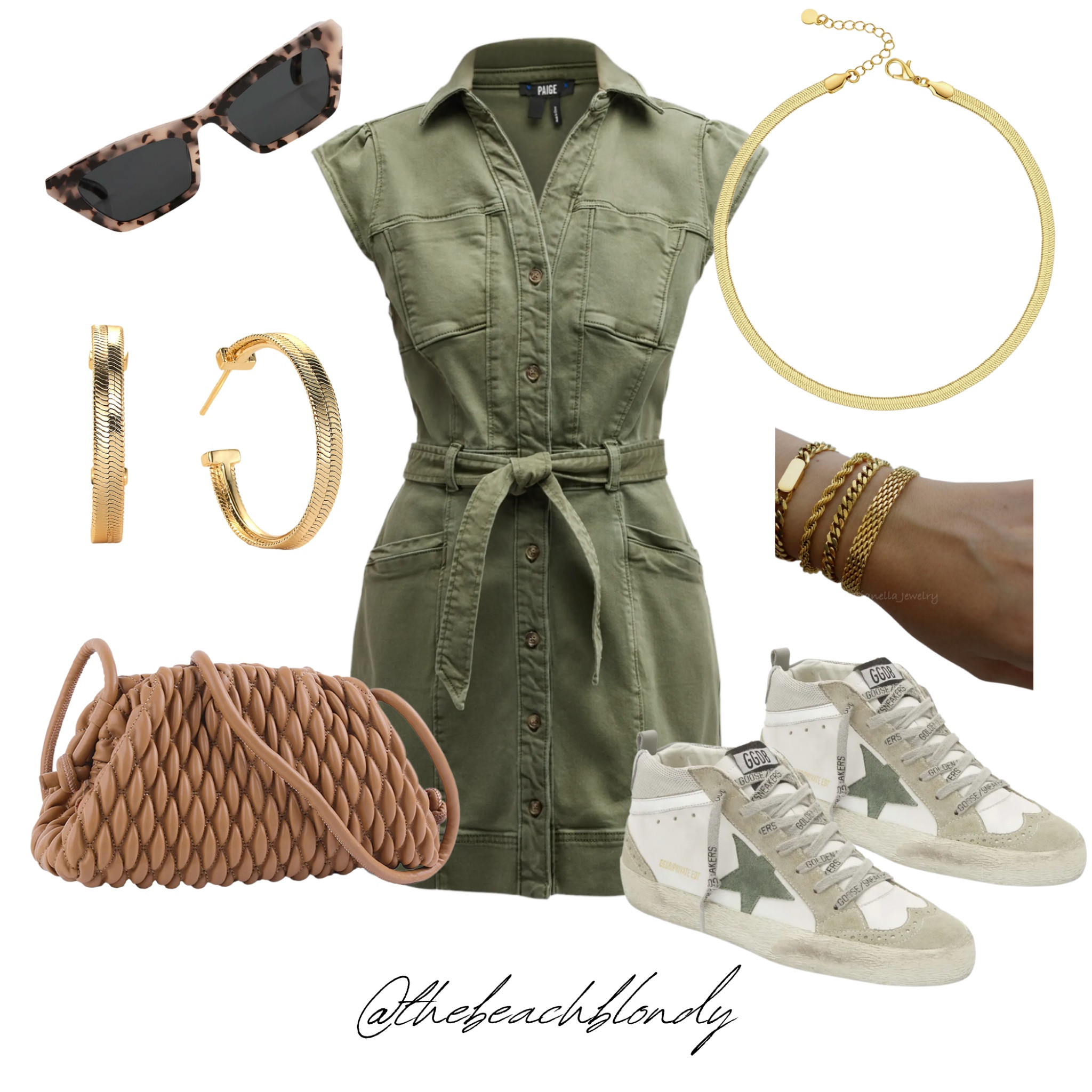 I’m a sucker for cargo. Paige cargo green dress, golden goose tennis shoes, gold hoops, bottega veneta amazon look alike bag, gold bracelets from Etsy 
Sunglasses are OXF and I can’t link them 🙃 

#LTKshoecrush #LTKSeasonal #LTKstyletip