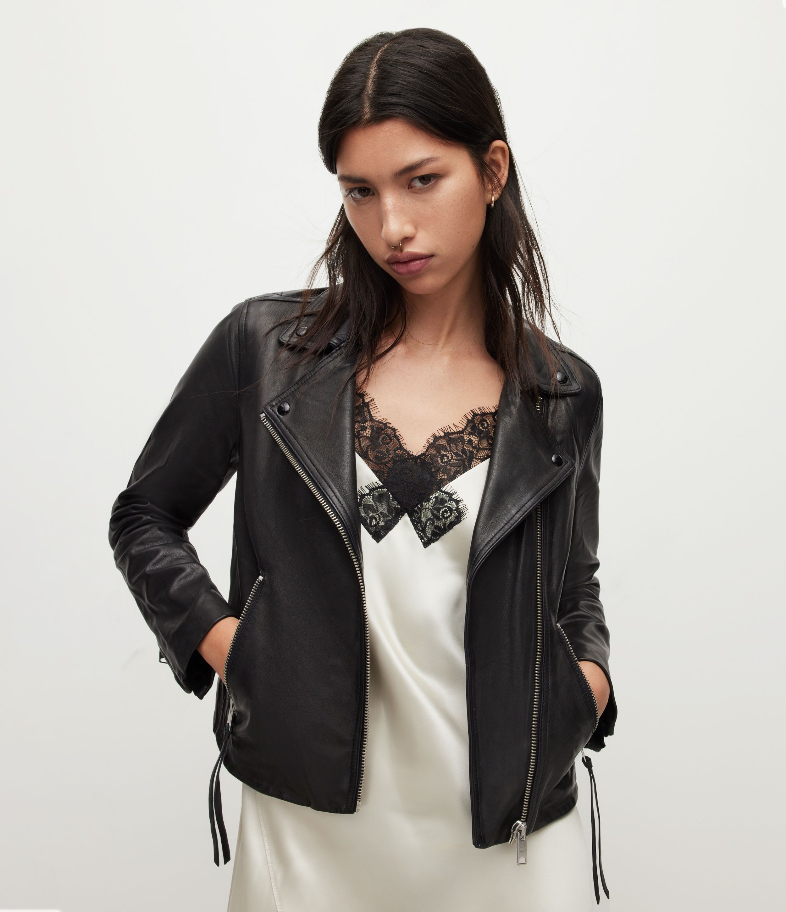 AllSaints Women's Slim Fit Dalby Leather Biker Jacket, Black, Size: UK 2/US 00 | AllSaints US