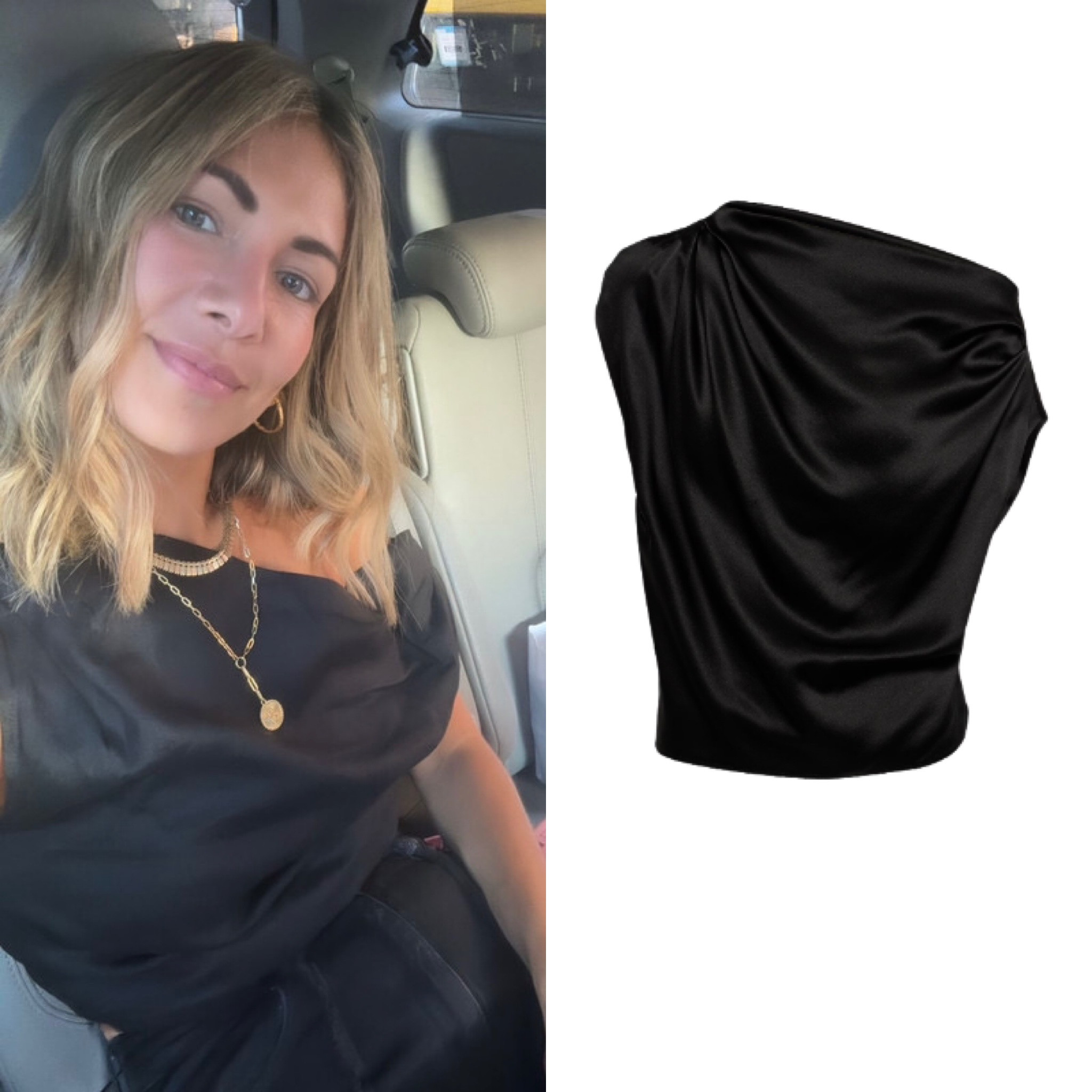Erin Lichy’s Black Satin Asymmetric Top 📸= @erindanalichy 