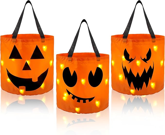 JOYIN 3 PCS Halloween Candy Pumpkin Buckets, 10.2 x 11.8 LED Light Trick or Treat Buckets, Orange... | Amazon (US)