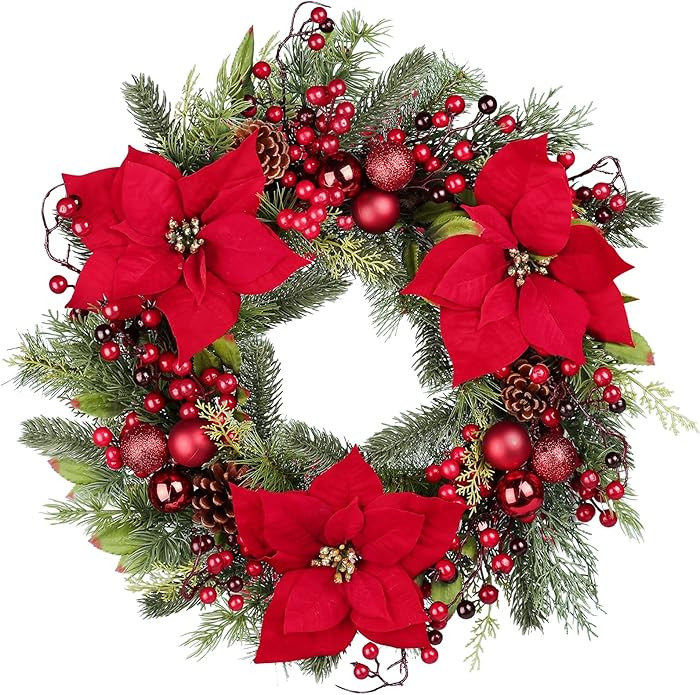 Chrisxiao Christmas Wreath Front Door 20 Inch Artificial Christmas Wreath Decorated with Holly Be... | Amazon (US)