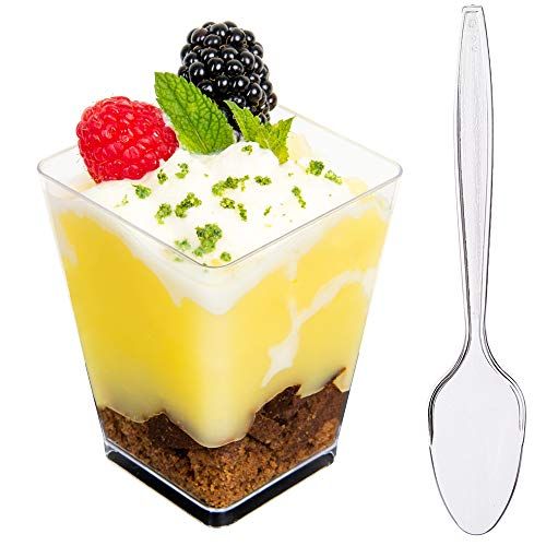 DLux 50 x 5 oz Mini Dessert Cups with Spoons, Square Large - Clear Plastic Parfait Appetizer Cup - S | Amazon (US)