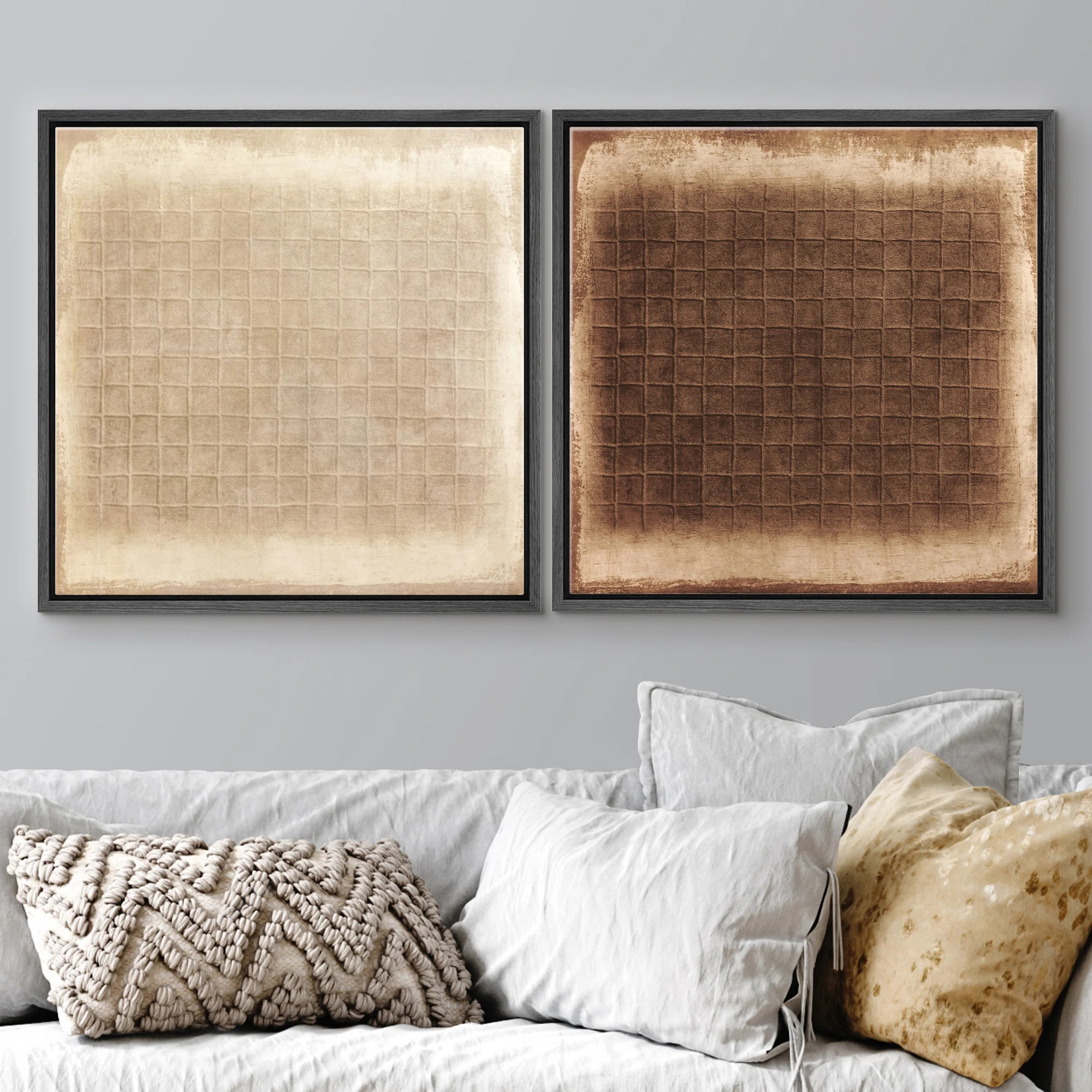 Neutral Vintage Checkered Grid Minimal Abstract Beige Brown Design Framed Master Bedroom Wall Art... | Wayfair North America