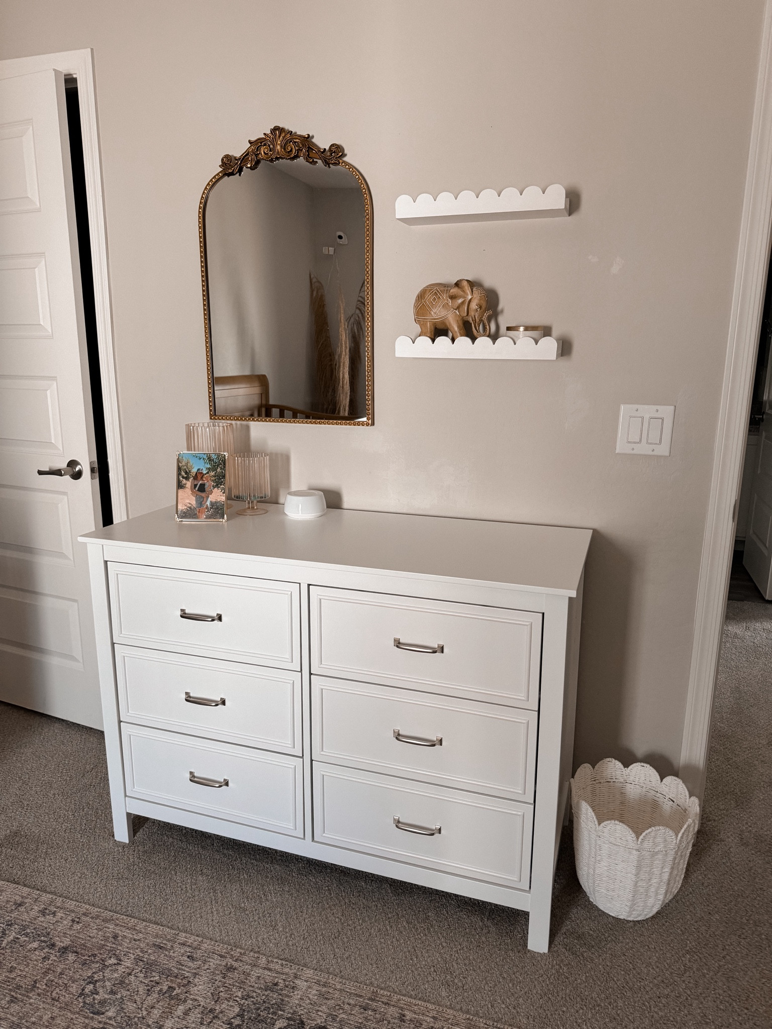 Toddler Girls Room

Nursery 
White dresser
Vintage mirror
Walmart home finds
Walmart decor
Wayfair
Loloi rugs
Scalloped wall shelves
Gold mirror


#LTKSeasonal #LTKHome #LTKKids
