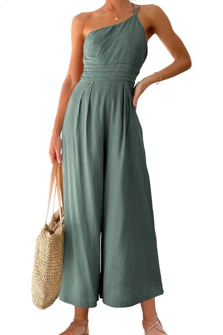 Linen one shoulder jumpsuit on Amazon! Comes in so many color options and would be so cute for a wedding guest, date night or beach vacation!! 