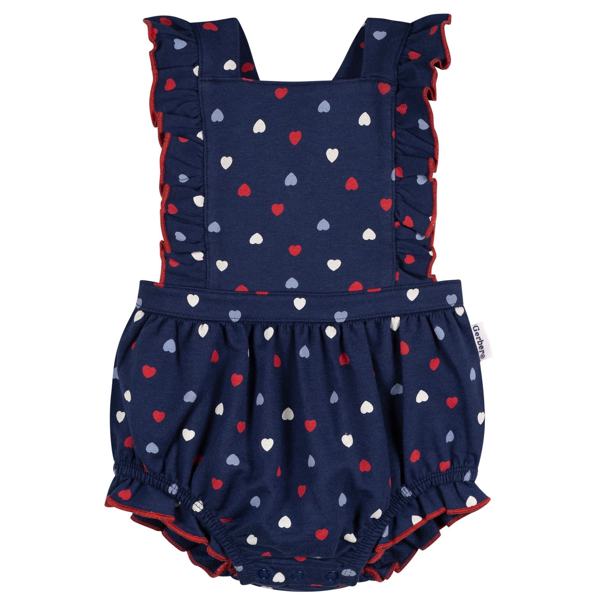Baby Girls Blue Hearts Ruffle Strap Bubble Romper | Gerber Childrenswear